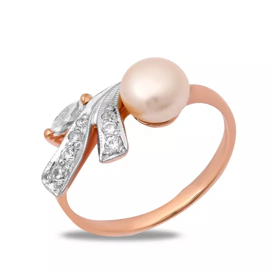 Кольцо с жемчугом и фианитом из золота